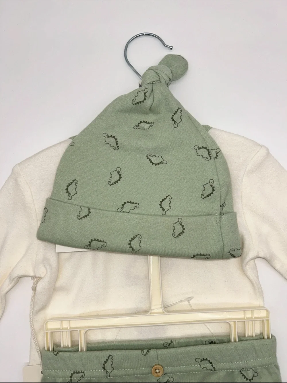 Chickpea Organic 6-9M 3pc Cream & Sage Dinosaur One-Piece Set